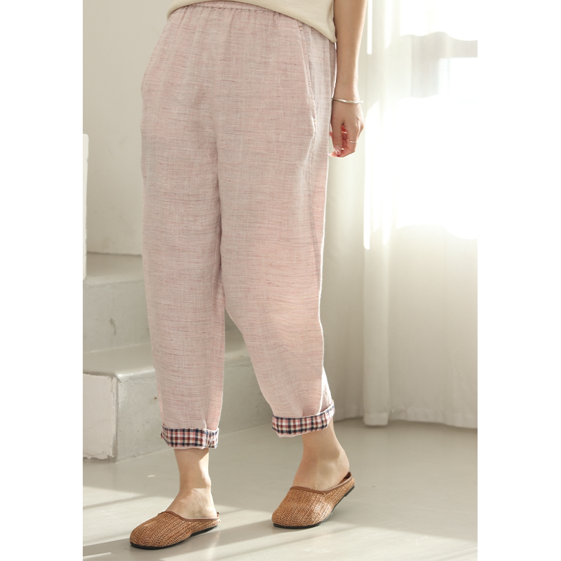 无色无味【都市故屿】2025春秋粉色亚麻色织肌理松紧腰哈伦休闲裤