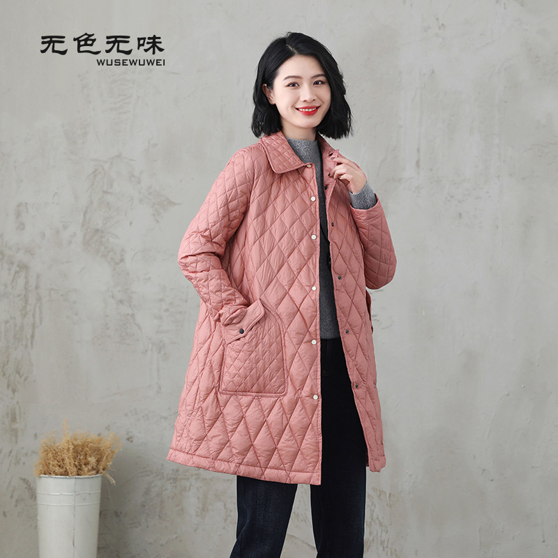 无色无味秋冬简约大方气质减龄中长款菱格纯色热销翻领鸭绒羽绒服