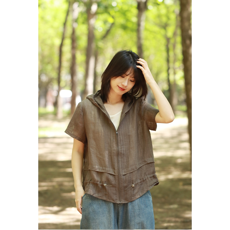 无色无味经典2025夏季新款亚麻薄款肌理随性透气短袖外套连帽衬衫