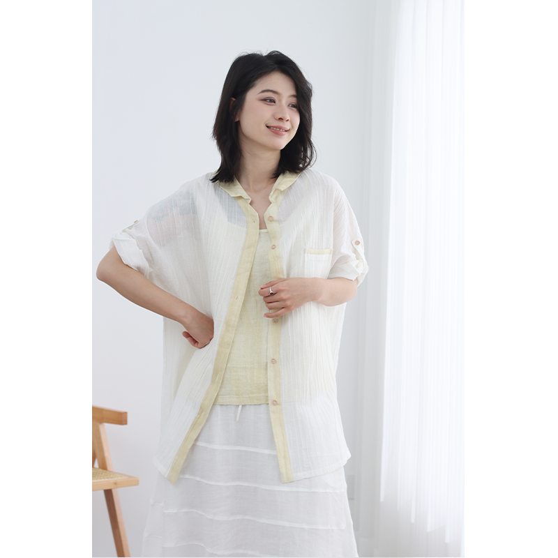 无色无味新款白色上衣中长款显瘦舒适宽松慵懒女士短袖衬衫外套