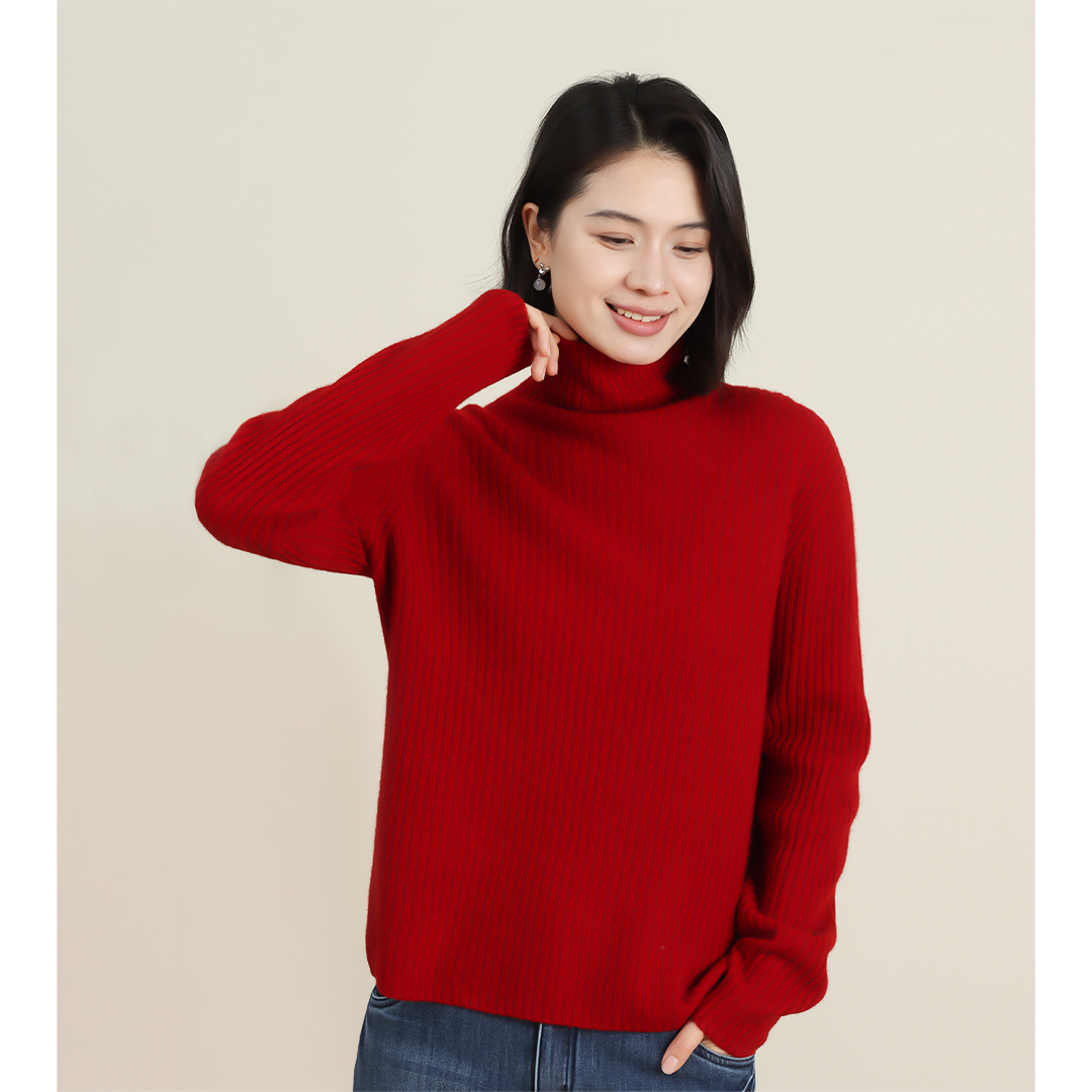 无色无味新年开运红新款纯色高领坑条针织长袖女士编织上衣打底衫