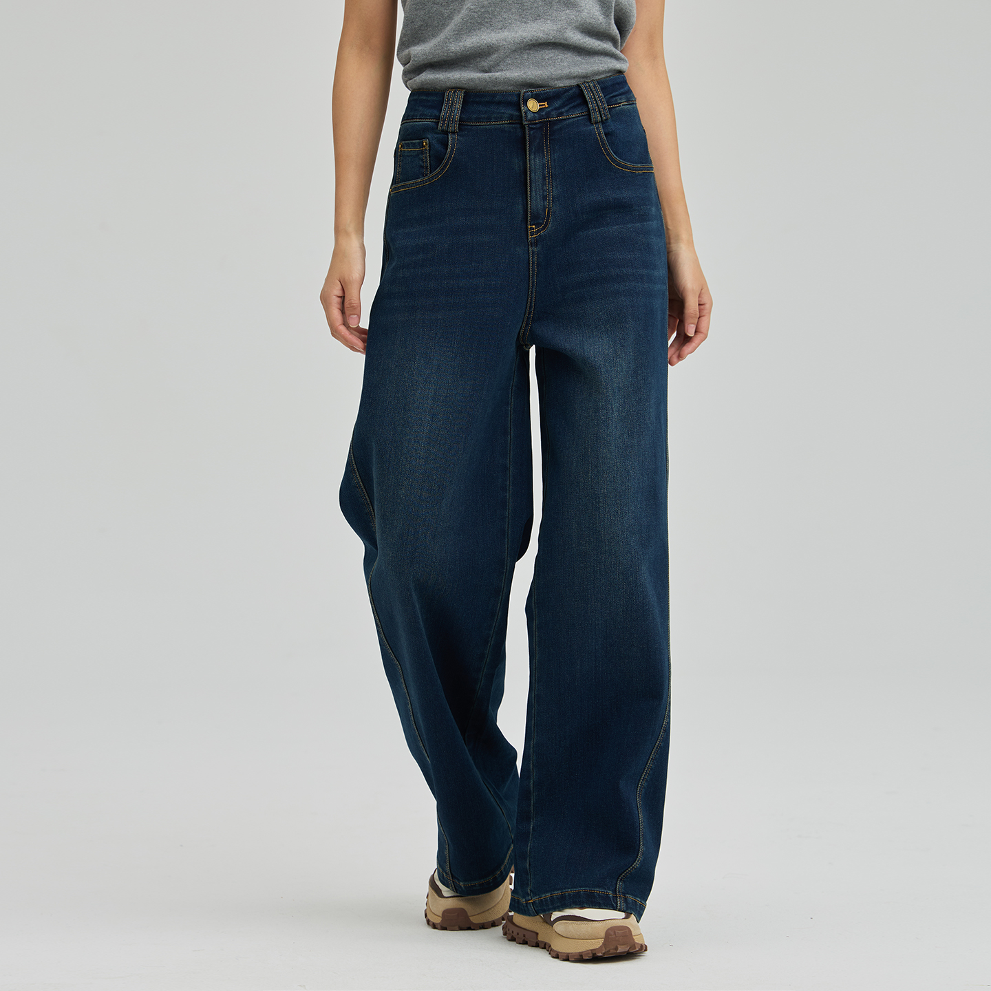 无色无味高腰弹力阔腿女士牛仔裤