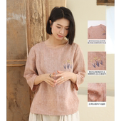 文艺风宽松女士衬衫 无色无味上衣女新款 色织亚麻刺绣圆领粉色套衫