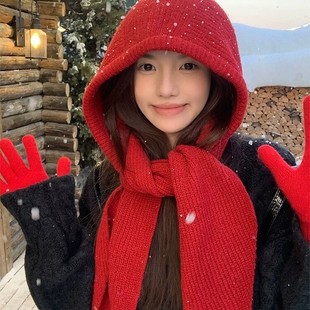 麦穗A577巴拉克啦法帽围巾一体式帽子加厚版红色针织帽子围巾一体