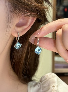韩芸汐百名饰品蓝色方糖耳扣吊坠耳环气质简约百搭精致耳饰A-140