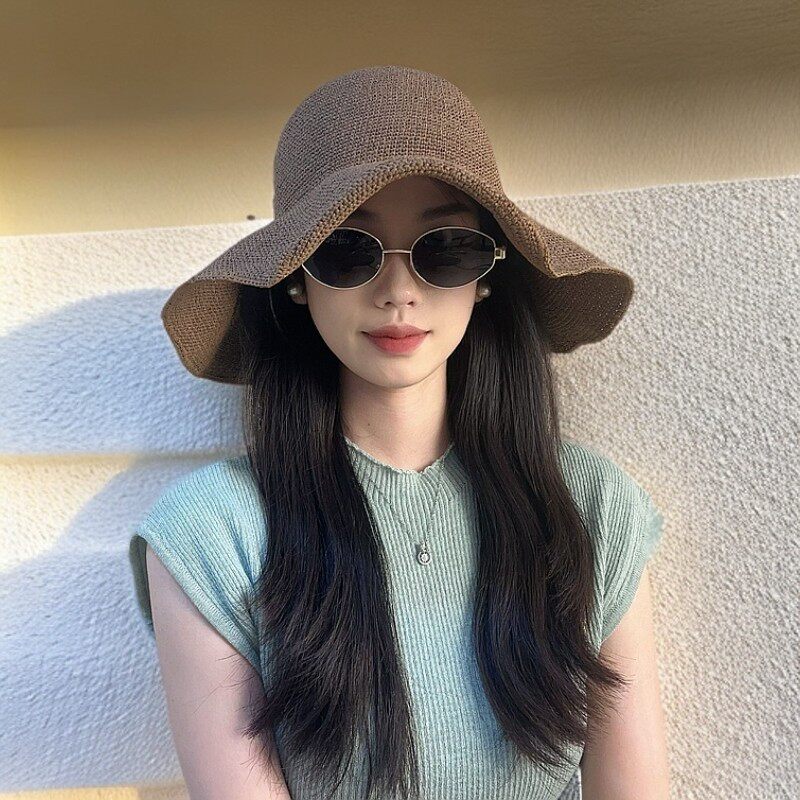 旺耀帽业海边草帽女2025新款夏季法式遮阳防晒帽大檐可折叠沙滩帽