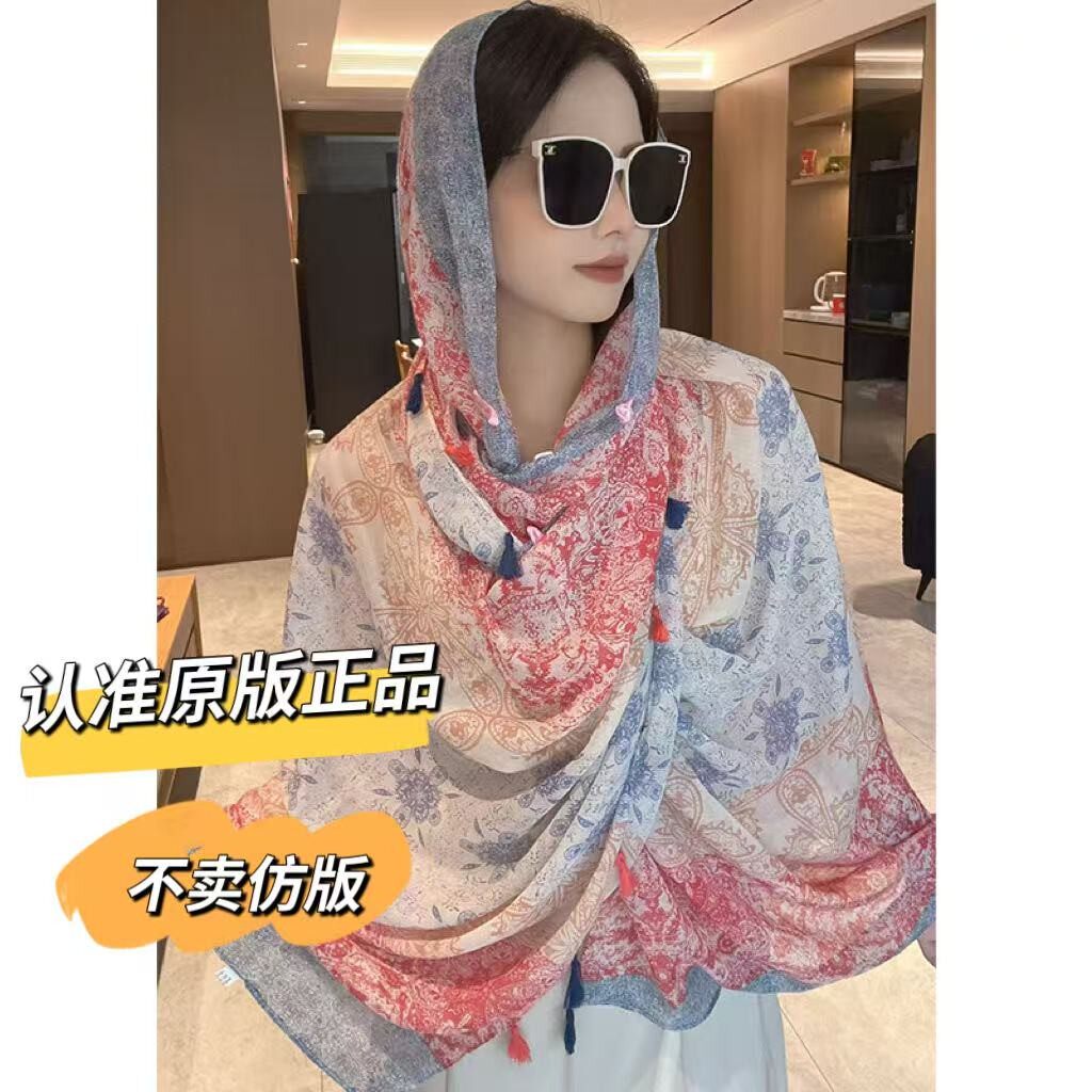 羚雪LINGXUE夏日蓝色穿搭防晒丝巾民族风旅游沙滩海边度假披肩女