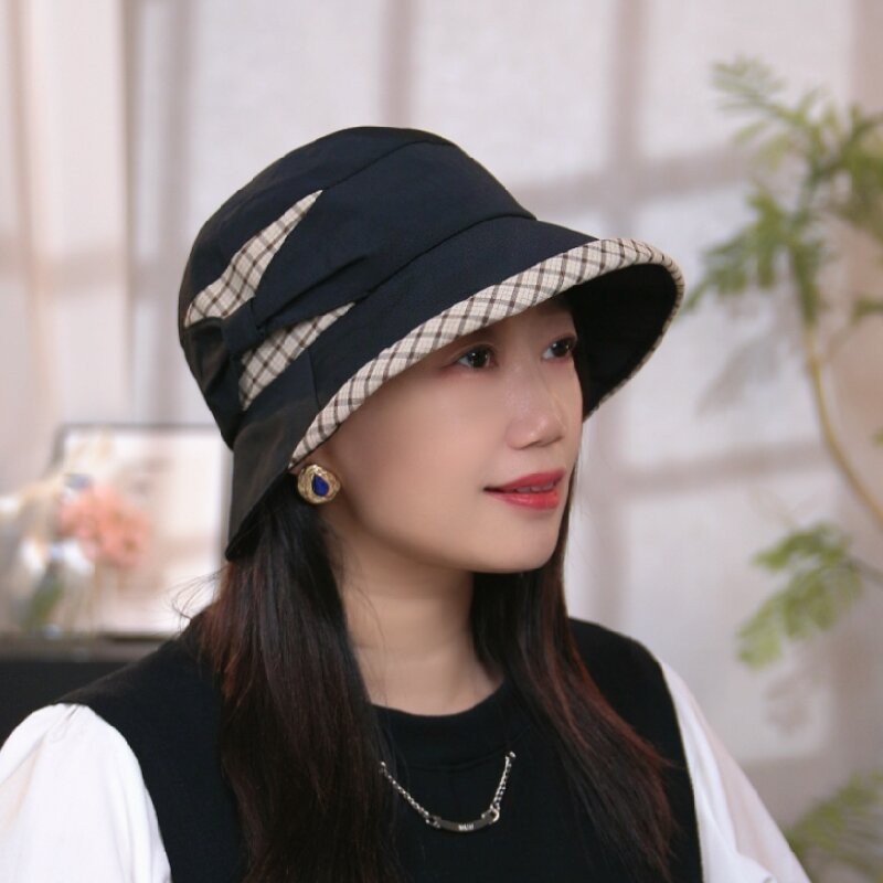 暮色帽饰韩版新款春秋渔夫帽蝴蝶结格子拼接遮阳防晒休闲帽子女士