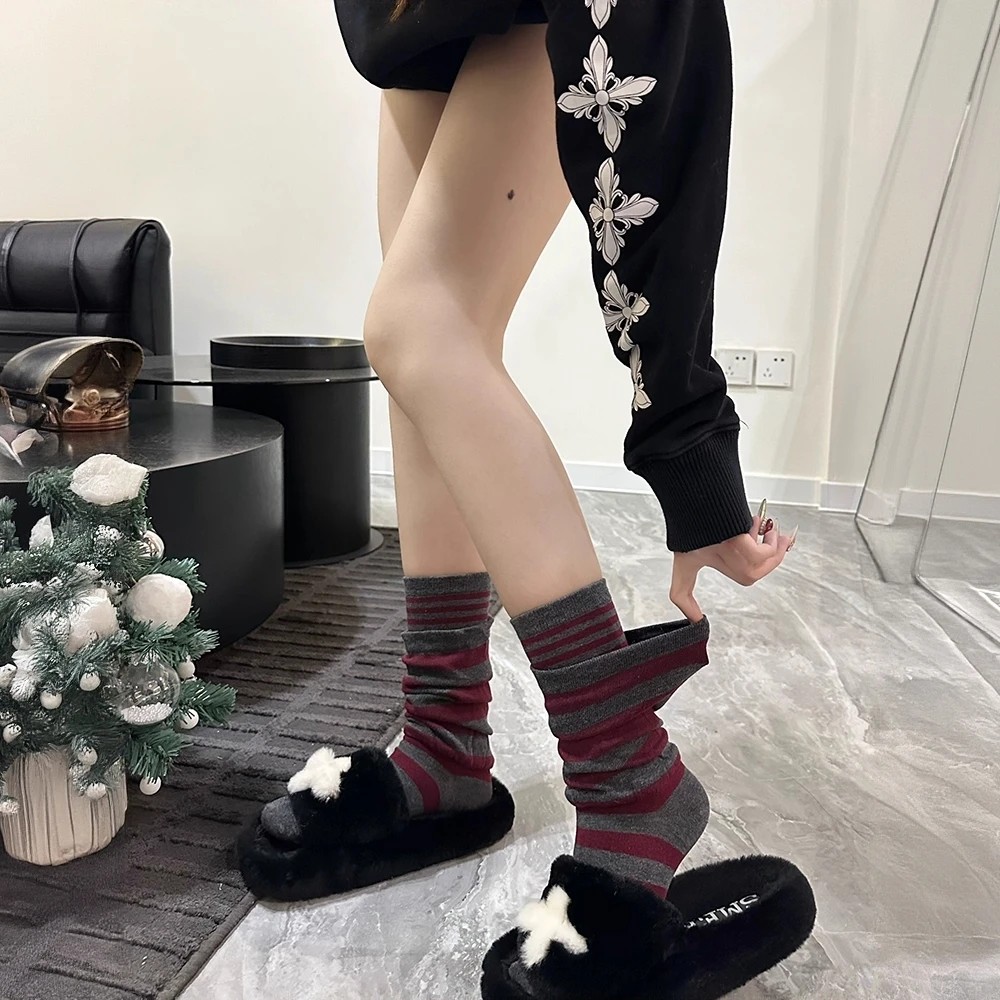 抖音庭泽尚品潮袜高级假两件设计秋冬新款安可拉红搭配条纹堆堆袜