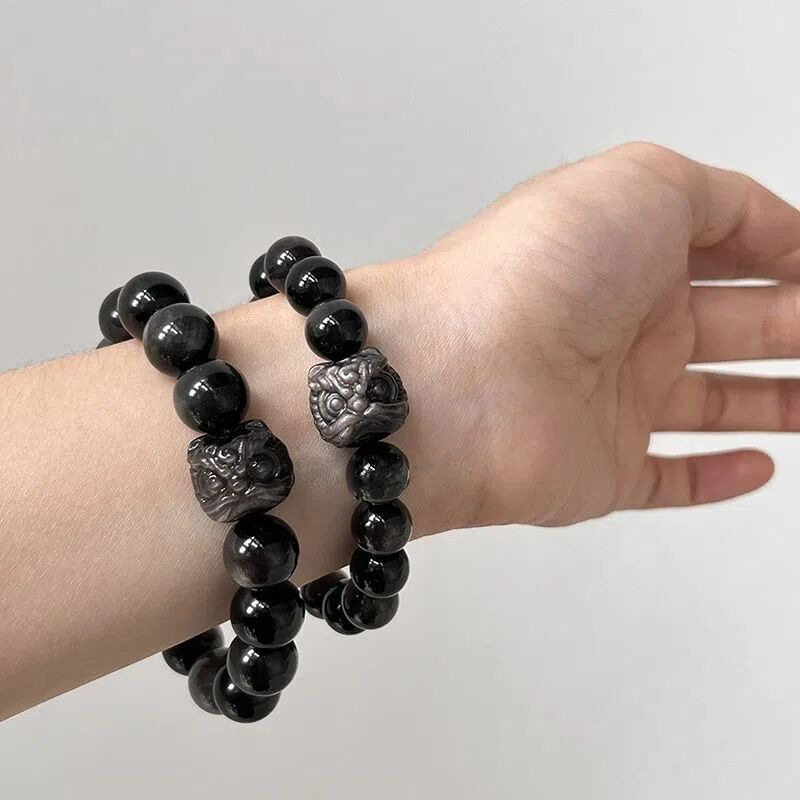 黑曜石手链手串女仿天然曜石醒狮