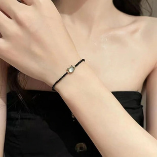 小众设计黑猫咪贝壳可调节黑尖晶水晶极细轻奢高级感手绳手链百搭