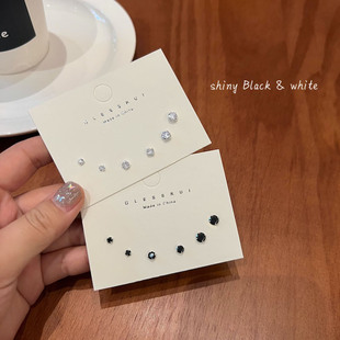 S925银针小巧精致黑白锆石耳钉套装女睡觉免摘耳棒养耳洞耳骨耳饰