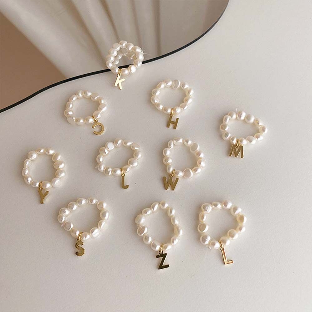 法式复古金属字母淡水珍珠有弹性可调节戒指女小众设计气质潮戒指