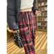 宽松呢格纹休闲加绒阔腿裤 复古红色格子裤 女春秋冬高腰显瘦直筒裤