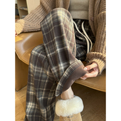 撞色加绒格子裤 子 女春秋冬复古慵懒拖地直筒裤 高腰垂感毛呢阔腿裤