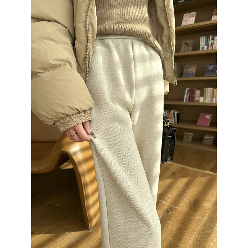 杏色长裤裤子人字纹高腰