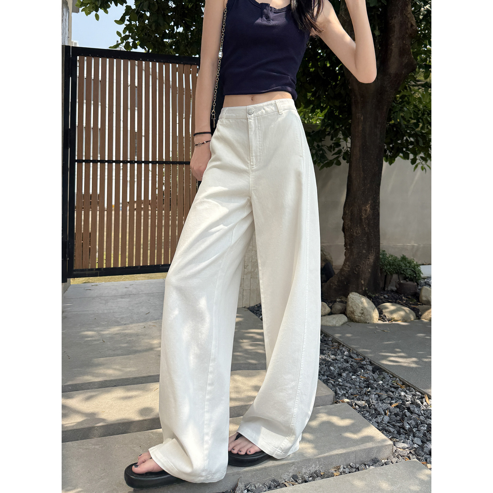 白色莱赛尔天丝棉麻阔腿裤女2026夏季仿牛仔直筒裤休闲透气弯刀裤