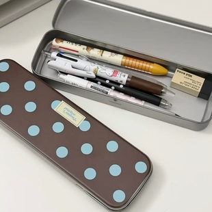 韩系复古波点长条铅笔盒ins风高颜值学生文具盒大容量金属收纳盒