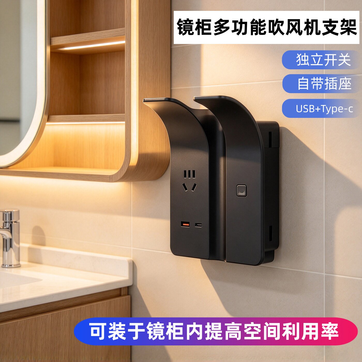 吹风机风简支架置物架浴室柜吹风机插座电吹风挂架家用浴室壁挂式