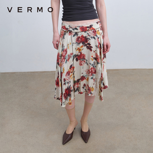 人丝绑绳中长半身裙 复古蕾丝拼接点缀 VERMO 晨间玫瑰
