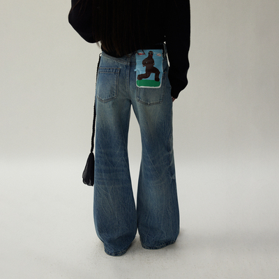 VERMO印花直筒堆脚休闲牛仔裤