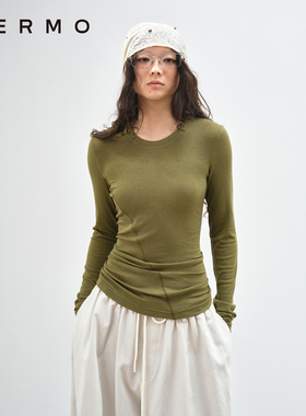 VERMO 柔软舒适 天丝羊毛 解构抽褶堆量 弹力修身长袖打底衫