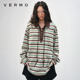 POLO衫 VERMO 麂皮绒拼接条纹宽松长袖 复古波嬉抽绳 美丽配色