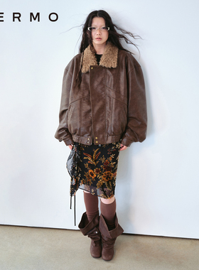 VERMO 重构复古 内绗羊毛棉 温暖舒适毛领拼接防风皮衣外套