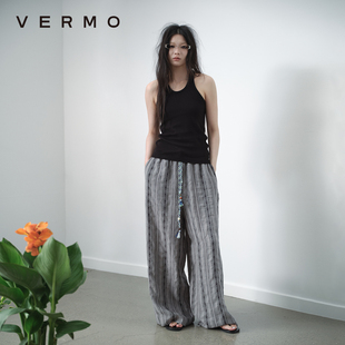 舒适轻薄有型慵懒嬉皮串珠抽绳宽松休闲裤 VERMO 亚麻棉混纺提花