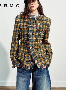 VERMO 复古点缀童真 可拆卸手作挂饰粗花呢沙漏收腰夹克外套