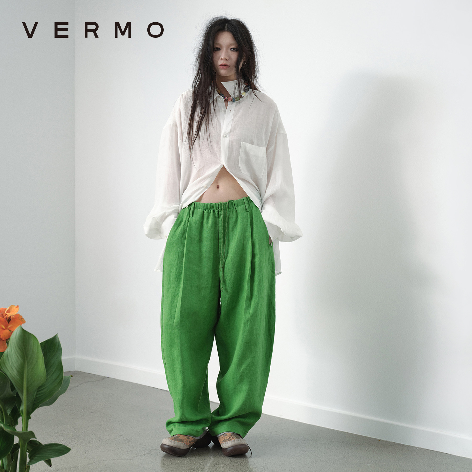 VERMO 属于夏天的色彩 别致蔬果绿 舒适透气纯亚麻宽松堆脚休闲裤