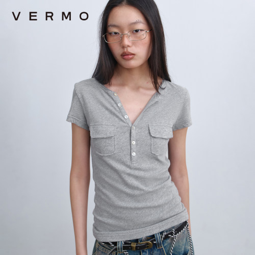 VERMO复古毛边纯棉水洗亨利领T恤