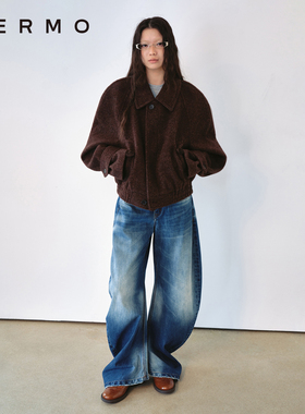 VERMO 立体裁剪 圆形廓形 经典简约复古全羊毛短款毛呢夹克外套