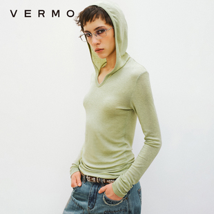 打底衫 VERMO 下摆堆褶小V领连帽修身 软糯亲肤天丝羊毛 百搭实用