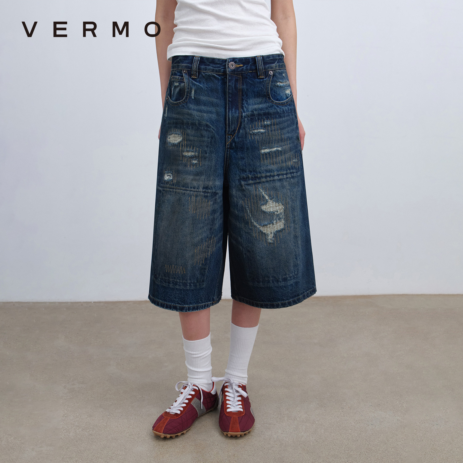 VERMO 记忆载体 可调节复古水洗破洞补丁重组七分牛仔短裤