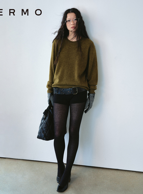 VERMO 经典复古咸菜绿 舒适温暖 牦牛绒自然卷边卡胯圆领毛衣