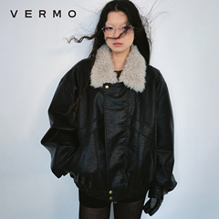 VERMO 重构复古 内绗羊毛棉 温暖舒适毛领拼接皮质棉衣外套