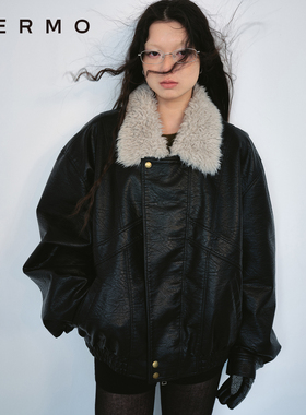 VERMO 重构复古 内绗羊毛棉 温暖舒适毛领拼接皮质棉衣外套