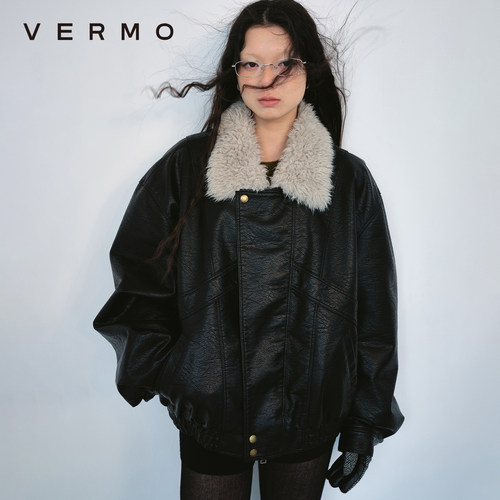 VERMO毛领拼接皮质棉衣外套