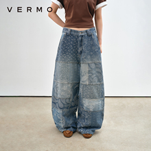 VERMO 褪色的时间 立体裁剪复古百家拼布提花宽松牛仔裤