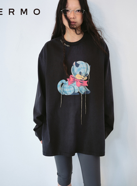 VERMO 那个破旧的猫猫玩偶 手缝流苏线做旧印花宽松休闲长袖T恤