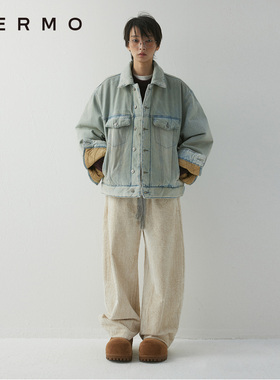 VERMO 复古水洗做旧脏染蓝 宽松绗棉牛仔夹克外套