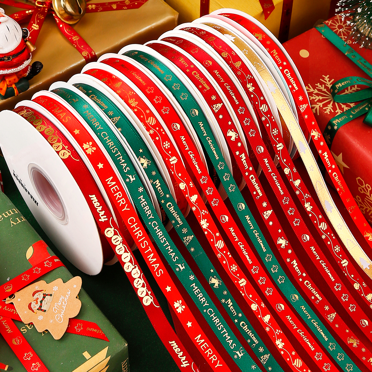 1cm圣诞丝带礼物包装彩带圣诞节缎带绸带蝴蝶结装饰烫金绿色织带