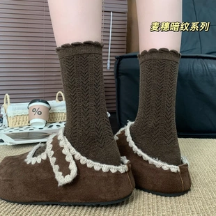 棉疆袜子秋冬复古老钱风ins花边暗纹麦穗堆堆袜保暖中高筒女袜