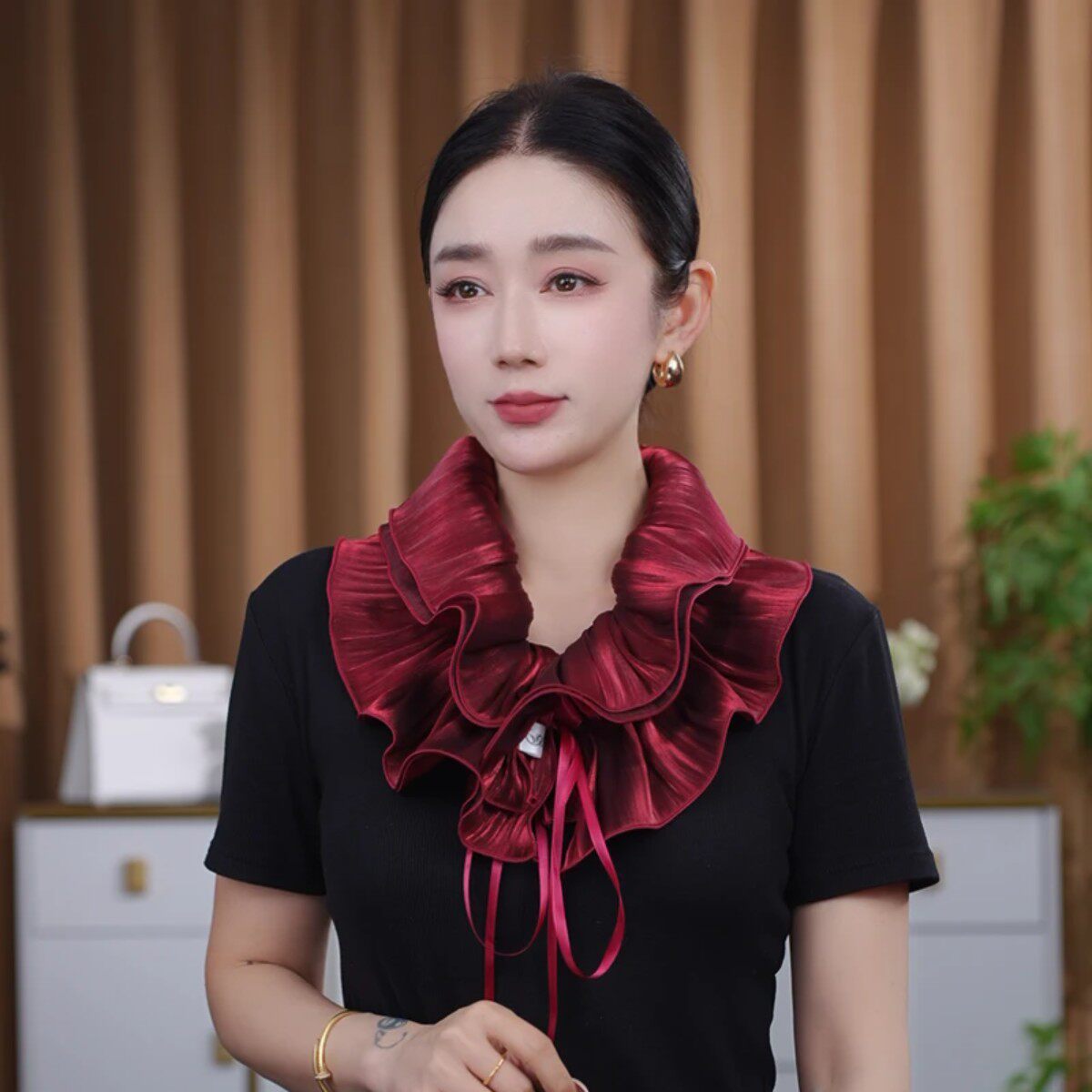 黄+白服饰丝巾网红假领子大蝴蝶结抽绳百搭护颈女士丝巾围巾