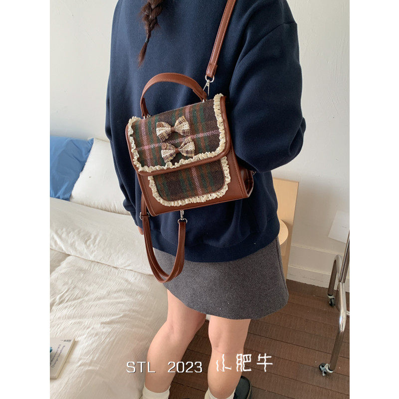 韩版学院风格子小方包包女复古蝴蝶结双肩包日韩风小型剑桥斜挎包