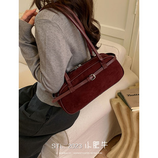 复古麂皮绒保龄球包包女高级感百搭单肩手提包2025新款冬季腋下包