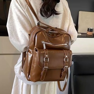 美式复古风双肩包包女2025新款潮时尚中古多功能书包大容量背包