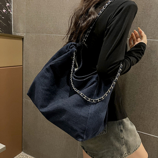 韩版 潮小众质感大容量单肩包 小香风牛仔布链条托特包包女2025新款