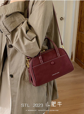 2026新款法式复古磨砂红色波士顿包包女轻奢百搭逛街单肩斜挎包